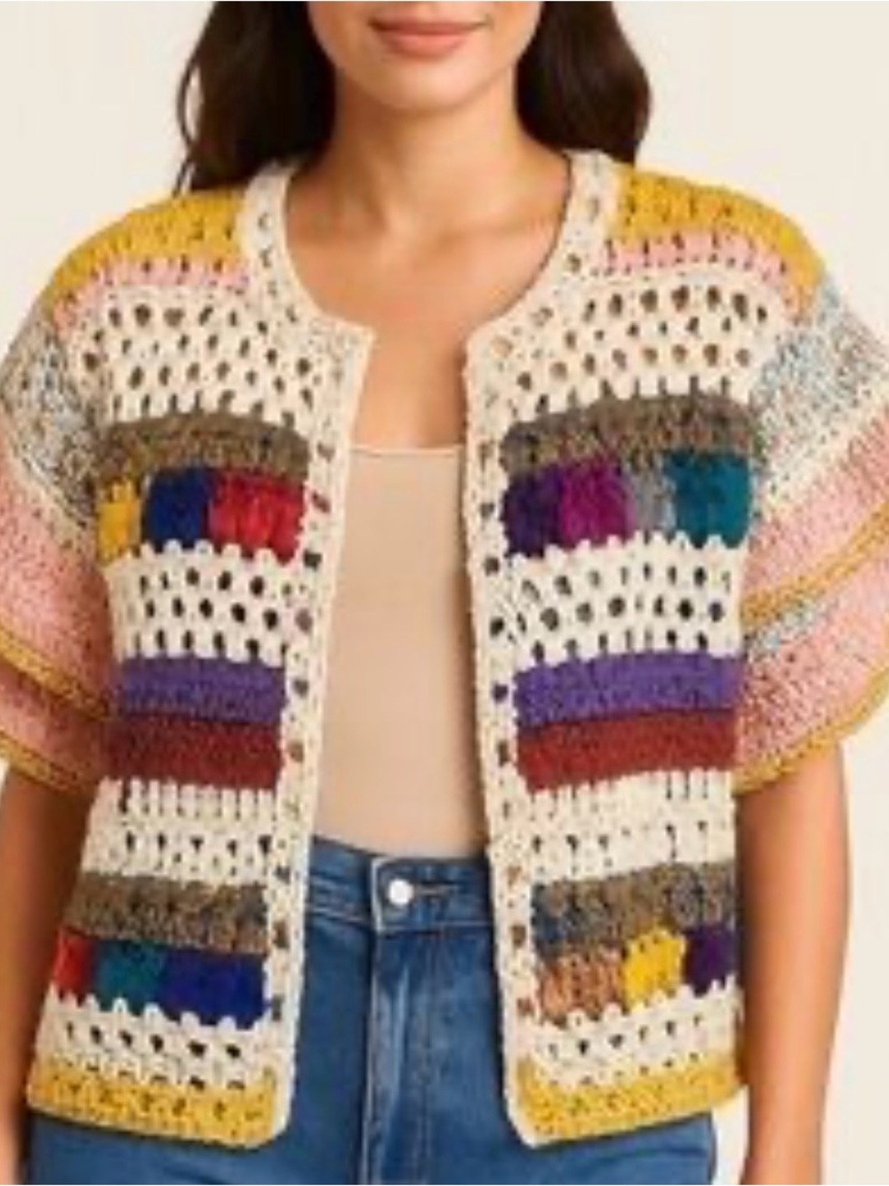 Anthropologie Multicolor Crochet Open Cardigan with Cream Trim